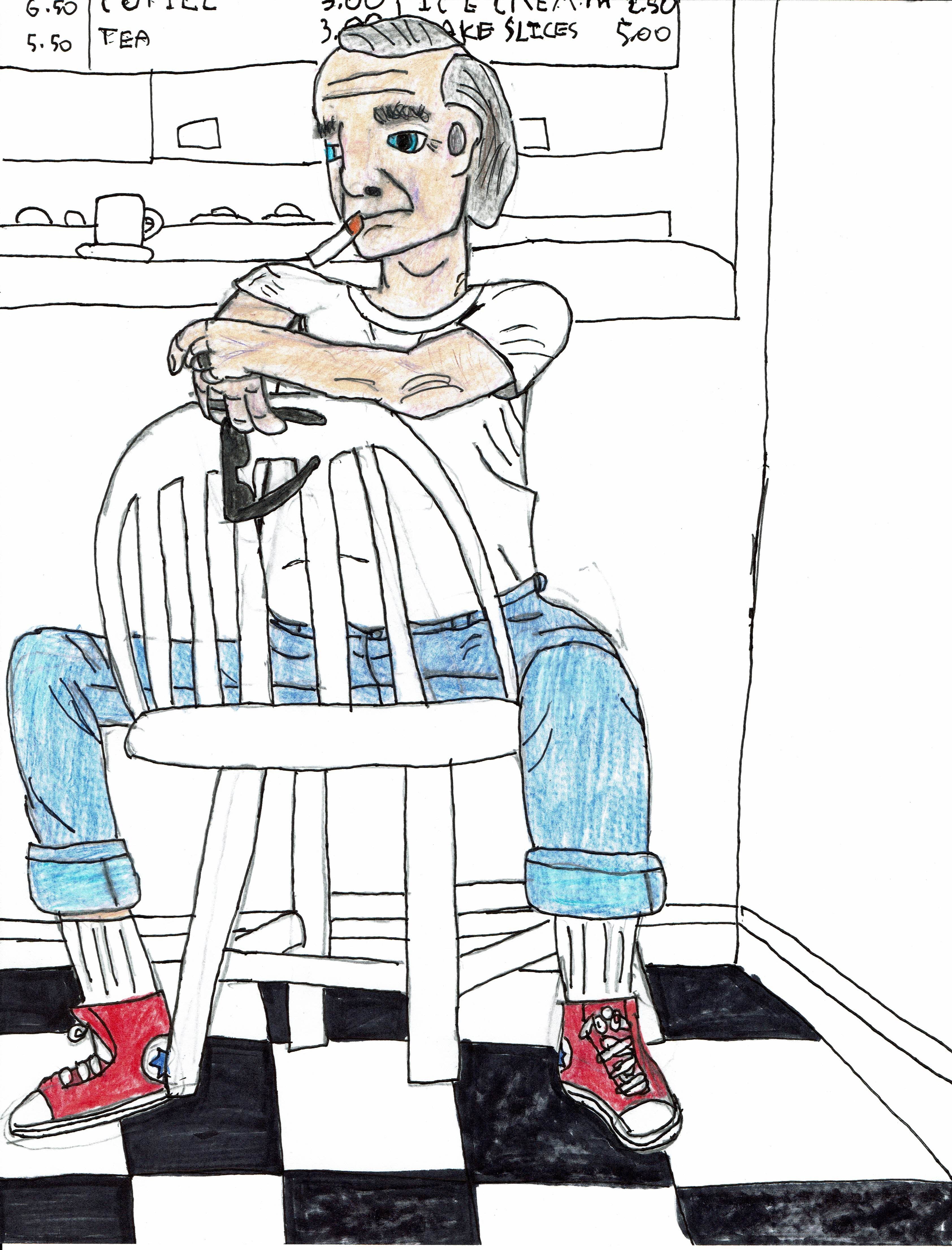 a colored in drawing of an old man sitting backward in a chair in a diner. This was done at a local life model session at an art center in my town, where a model came in to pose with a chair, though the diner background was my invention the rest of it was just the dude in front of me.